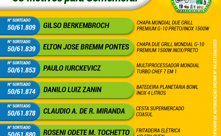 Confira os ganhadores do 1º Sorteio da Campanha 55 anos, 55 motivos para comemorar