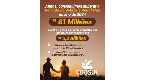 Coasul entrega sobras recordes aos produtores nesta sexta-feira