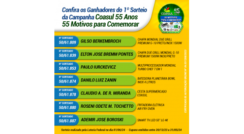 Confira os ganhadores do 1º Sorteio da Campanha 55 anos, 55 motivos para comemorar