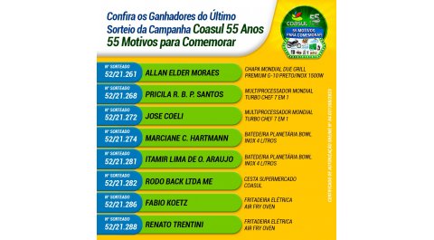 Confira os ganhadores do último Sorteio da Campanha 55 anos